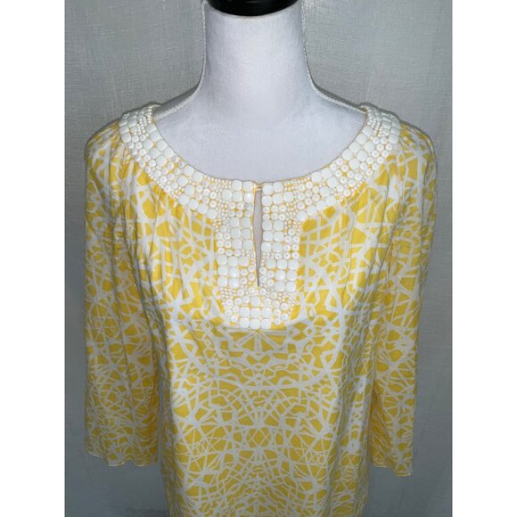 Ellen Tracy Women's Yellow & White Beaded Neck Blouse - Size S - Picture 2 of 4